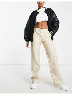 straight leg faux leather pants with seam detail in ecru