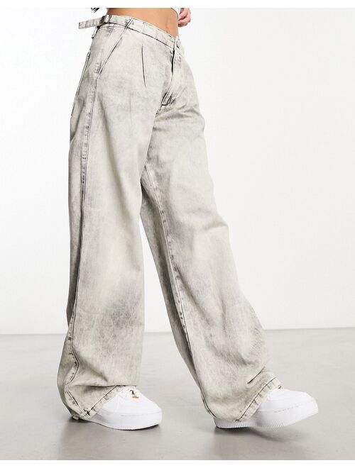 Pull&Bear adjustable waist wide leg jeans in bleach wash gray