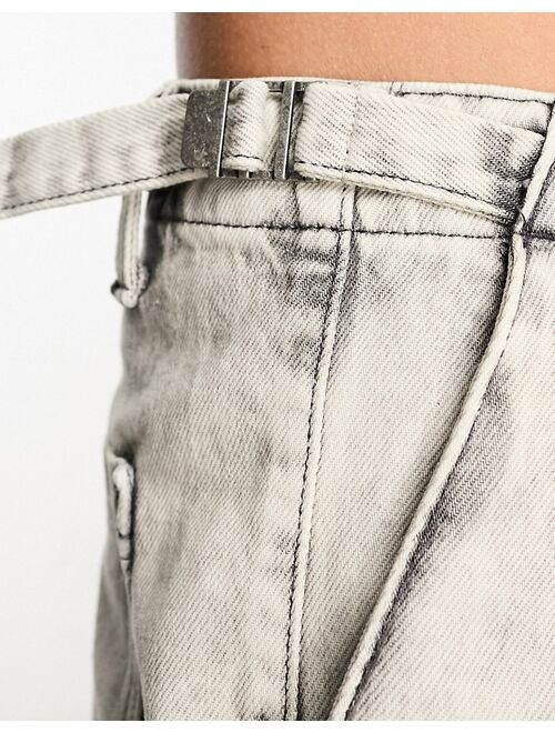 Pull&Bear adjustable waist wide leg jeans in bleach wash gray