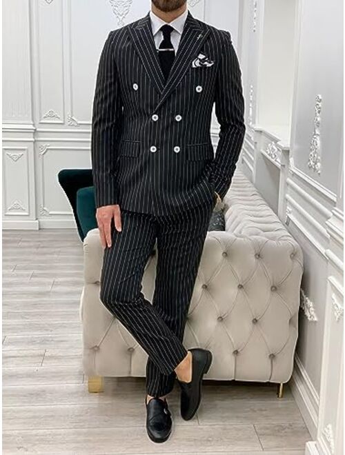 Wangyue Mens Pinstripe 2 Piece Suit Double Breasted Suit Slim Fit Tuxedo Wedding Suits for Men
