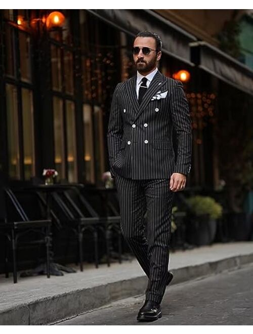 Wangyue Mens Pinstripe 2 Piece Suit Double Breasted Suit Slim Fit Tuxedo Wedding Suits for Men