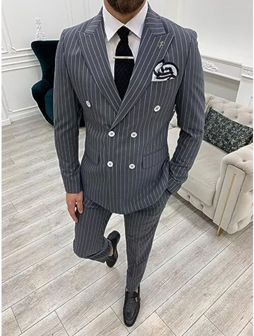 Wangyue Mens Pinstripe 2 Piece Suit Double Breasted Suit Slim Fit Tuxedo Wedding Suits for Men