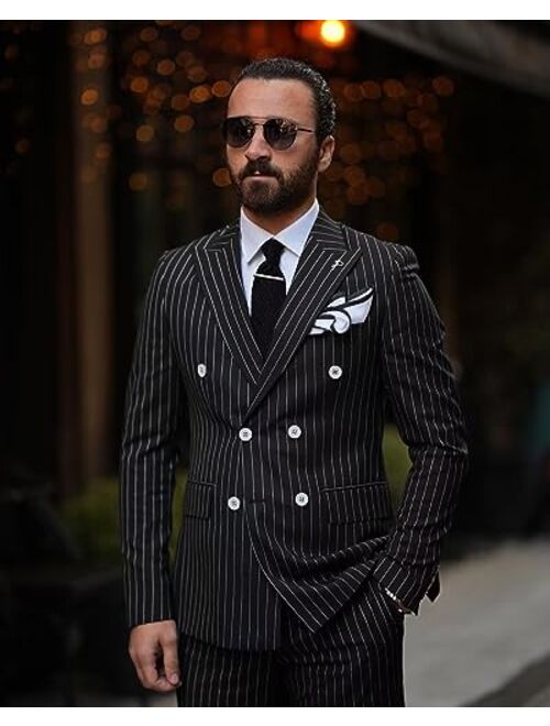 Wangyue Mens Pinstripe 2 Piece Suit Double Breasted Suit Slim Fit Tuxedo Wedding Suits for Men