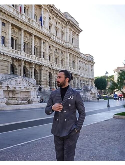 Wangyue Mens Pinstripe 2 Piece Suit Double Breasted Suit Slim Fit Tuxedo Wedding Suits for Men