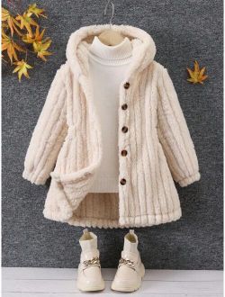 Young Girl 1pc Button Front Hooded Teddy Coat
