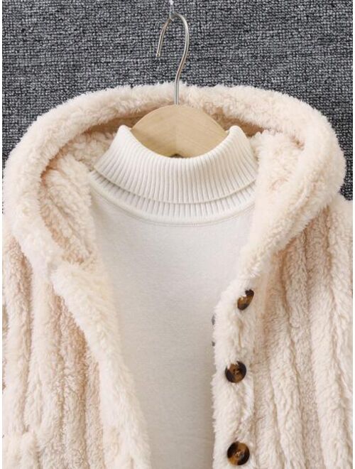 Shein Young Girl 1pc Button Front Hooded Teddy Coat