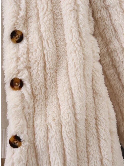 Shein Young Girl 1pc Button Front Hooded Teddy Coat