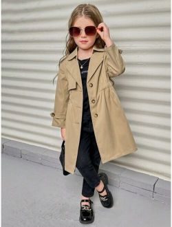 Little Girls' Solid Color Woven Belted Loose Fit Long Casual Trench Coat With Lapel Collar