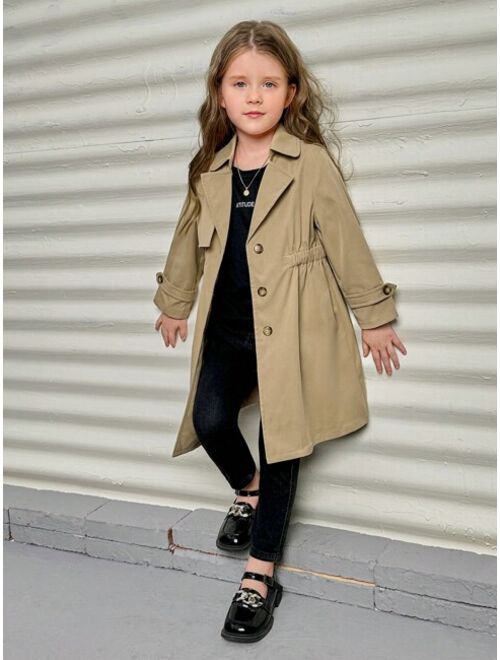 SHEIN Little Girls' Solid Color Woven Belted Loose Fit Long Casual Trench Coat With Lapel Collar
