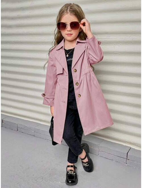SHEIN Little Girls' Solid Color Woven Belted Loose Fit Long Casual Trench Coat With Lapel Collar