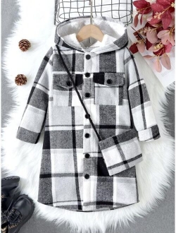 Young Girl Plaid Print Flap Pocket Thermal Lined Hooded Coat