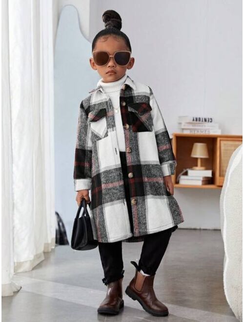 SHEIN Kids Cooltwn Young Girl Plaid Flap Pocket Overcoat