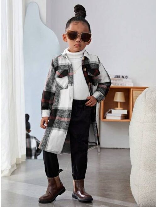 SHEIN Kids Cooltwn Young Girl Plaid Flap Pocket Overcoat