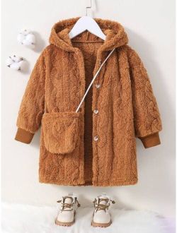 Young Girl Button Front Hooded Teddy Coat With Bag