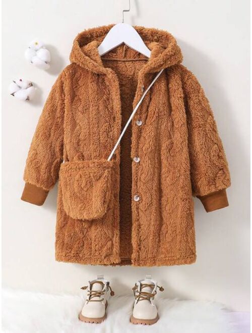 Shein Young Girl Button Front Hooded Teddy Coat With Bag