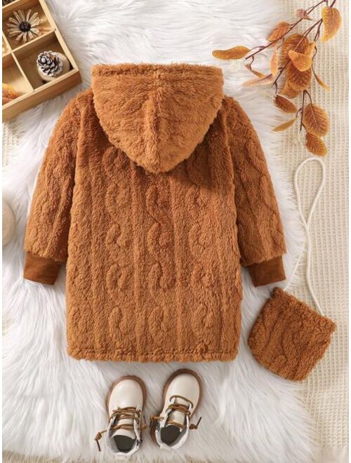 Shein Young Girl Button Front Hooded Teddy Coat With Bag