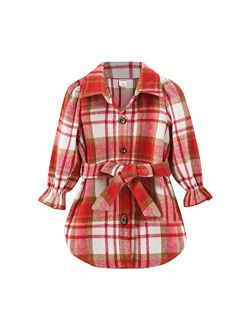 Generic Kids Girls Flannel Plaid Shirts Jacket Long Sleeve Single Breasted Coats Belt Christmas Holiday Dresses