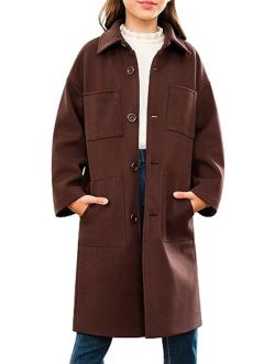Imily Bela Girls Wool Dress Coat Kids Lapel Long Sleeve Button Down Outerwear Winter Coats with Big Pockets