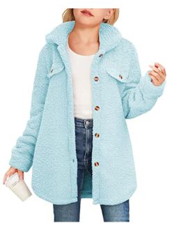 Haloumoning Girls Fuzzy Fleece Jacket Casual Button Down Sherpa Overcoat Faux Fur Jackets Outwear 4-15 Years
