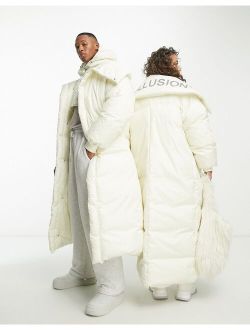 Unisex longline duvet puffer coat with detachable hood in ecru