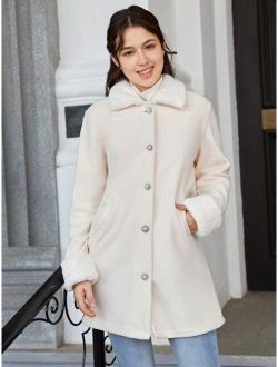 Teen Girl Borg Collar Button Front Thermal Lined Single Breasted Coat
