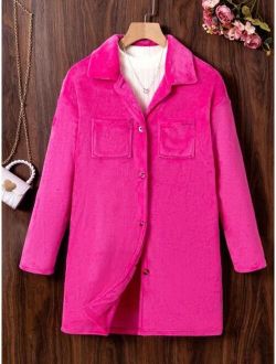 Teen Girl 1pc Flap Pocket Drop Shoulder Flannelette Coat