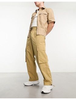 wide leg nylon cargo pants with elastic waist in beige