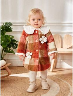 Baby Girl 1pc Plaid Pattern Peter Pan Collar Floral Appliques Teddy Coat