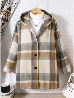 Tween Girl Plaid Print Hooded Coat Without Sweater