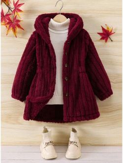 Young Girl 1pc Button Front Hooded Fluffy Coat