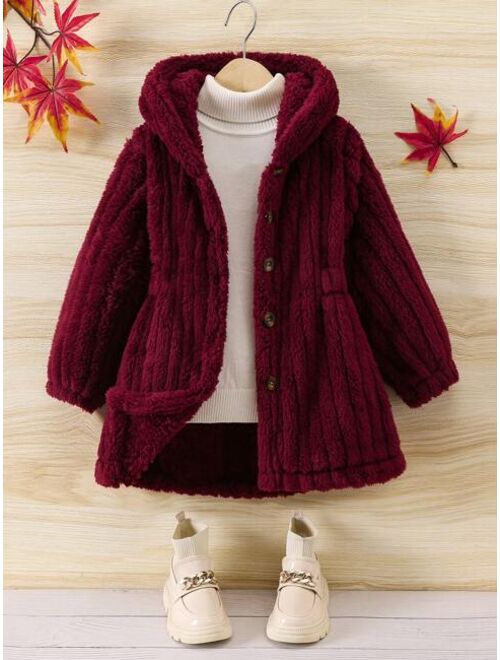 Shein Young Girl 1pc Button Front Hooded Fluffy Coat