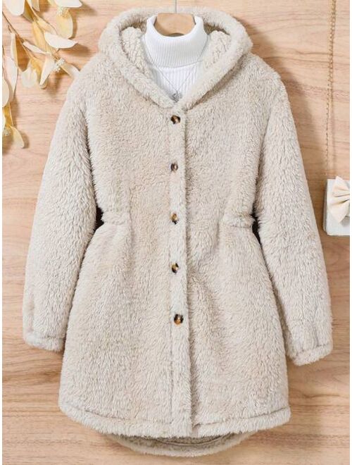 SHEIN Tween Girl 1pc Button Front Hooded Teddy Coat