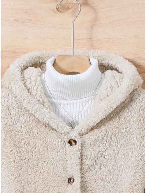 SHEIN Tween Girl 1pc Button Front Hooded Teddy Coat