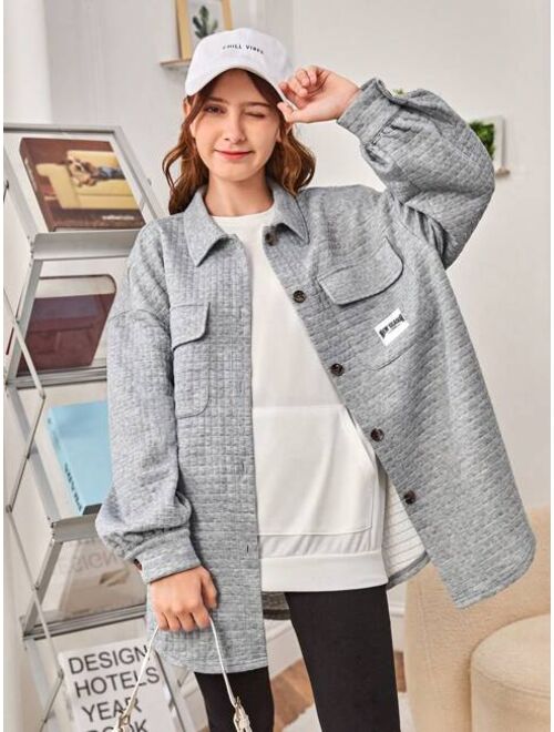 SHEIN Teen Girl Letter Patched Flap Pocket Drop Shoulder Coat