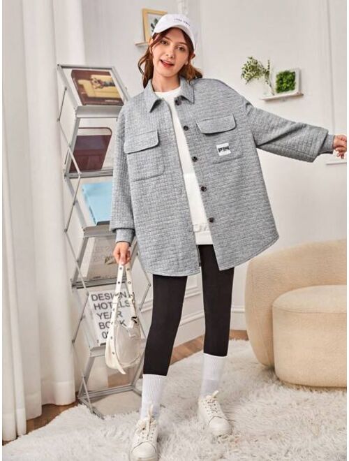 SHEIN Teen Girl Letter Patched Flap Pocket Drop Shoulder Coat