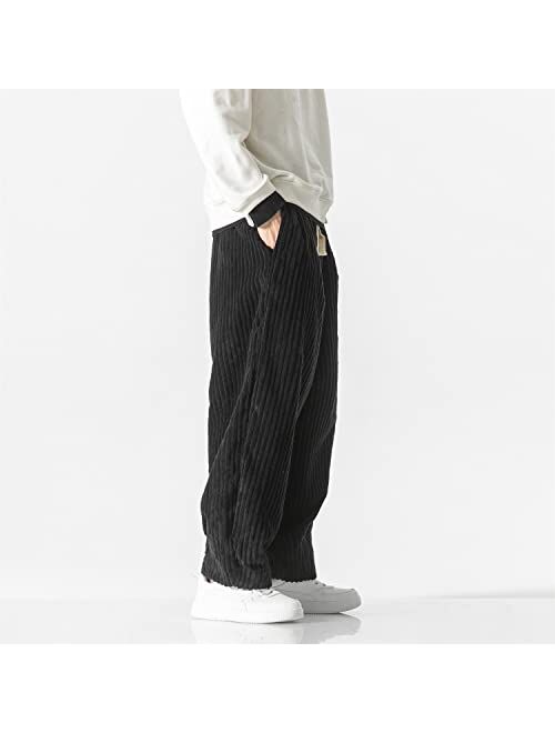 Seidarise Men's Corduroy Pants Straight Baggy Wide Leg Stretch Elastic Waist Drawstring Relaxed Fit Trousers Pant