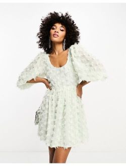 faux feather mini dress in sage green