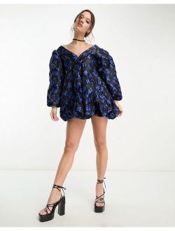 long sleeve plunge mini dress in cobalt floral