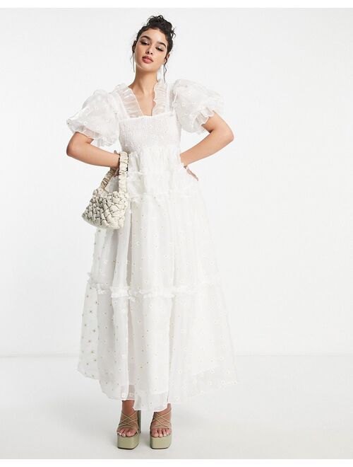 Dream Sister Jane organza puff sleeve smock dress in embroidered daisy print