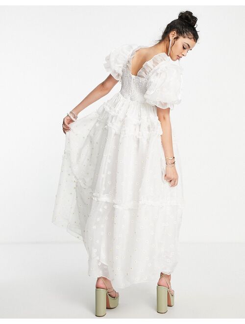 Dream Sister Jane organza puff sleeve smock dress in embroidered daisy print