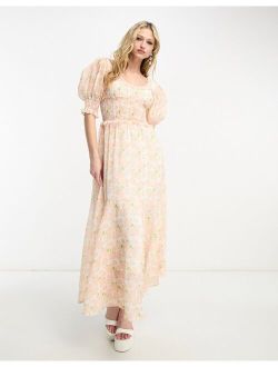 puff sleeve shirred midaxi dress in blush floral