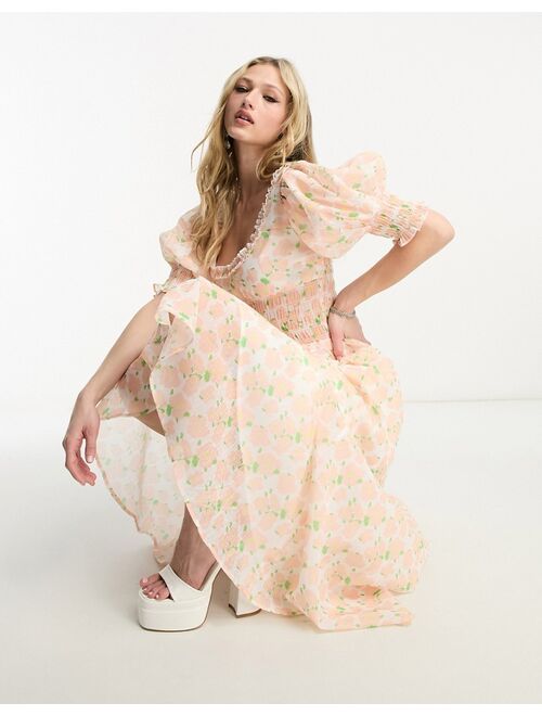 Sister Jane puff sleeve shirred midaxi dress in blush floral