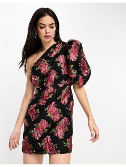 Dream Sister Jane one shoulder jacquard mini dress in red and gold