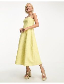 bow strap tweed midi dress in yellow