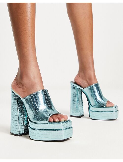 Daisy Street Exclusive platform mule sandals in blue croc metallic