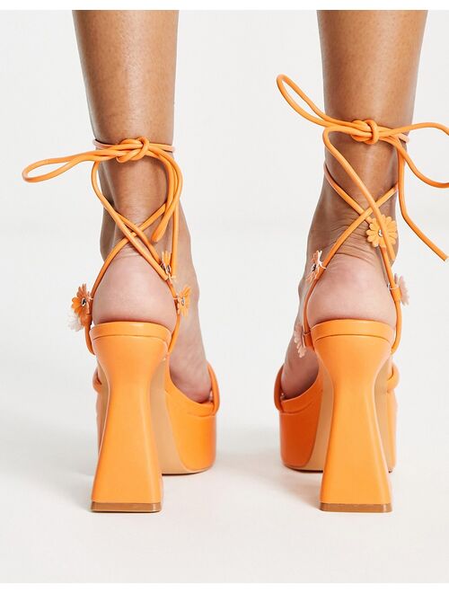 Daisy Street flower platform heeled sandals in orange