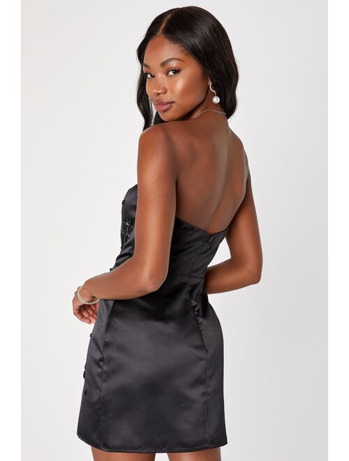 Lulus Glamorous Stunner Black Satin Beaded Strapless Mini Dress