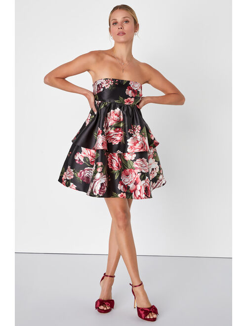 Lulus Charming Intentions Black Floral Taffeta Strapless Mini Dress