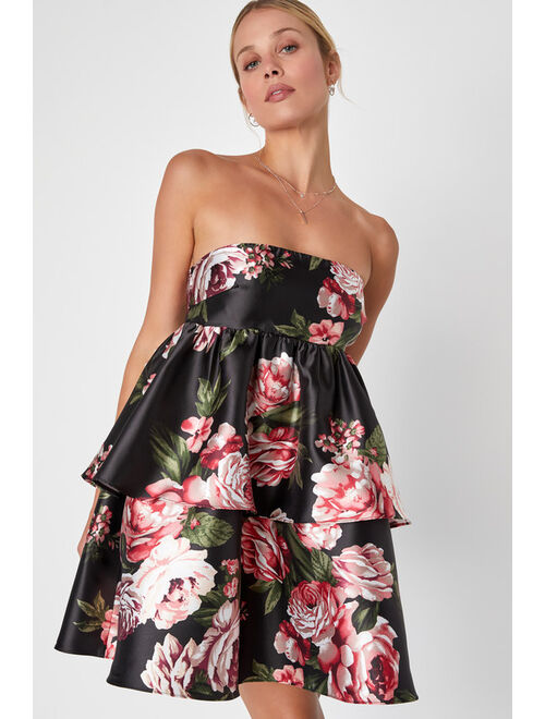 Lulus Charming Intentions Black Floral Taffeta Strapless Mini Dress