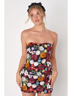 Thriving Beauty Black 3D Floral Embroidered Strapless Mini Dress